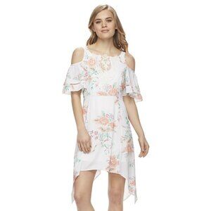 Beauty and the  Beast Floral Dress Cold Shoulder Asymmetrical Hem Medium